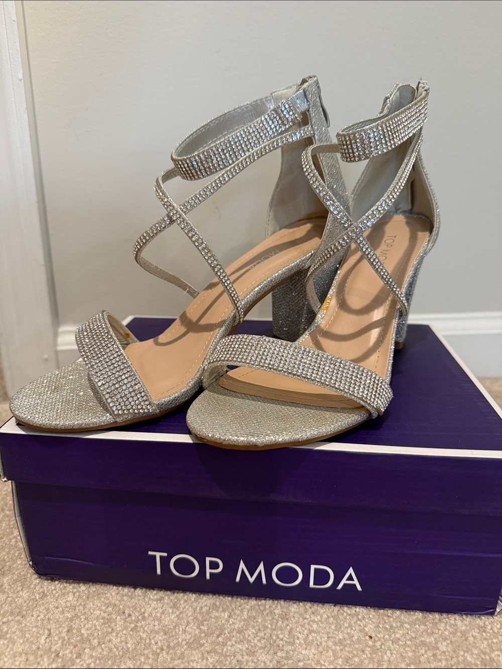 TOP Moda Silver Rhinestone Strappy Block Heels